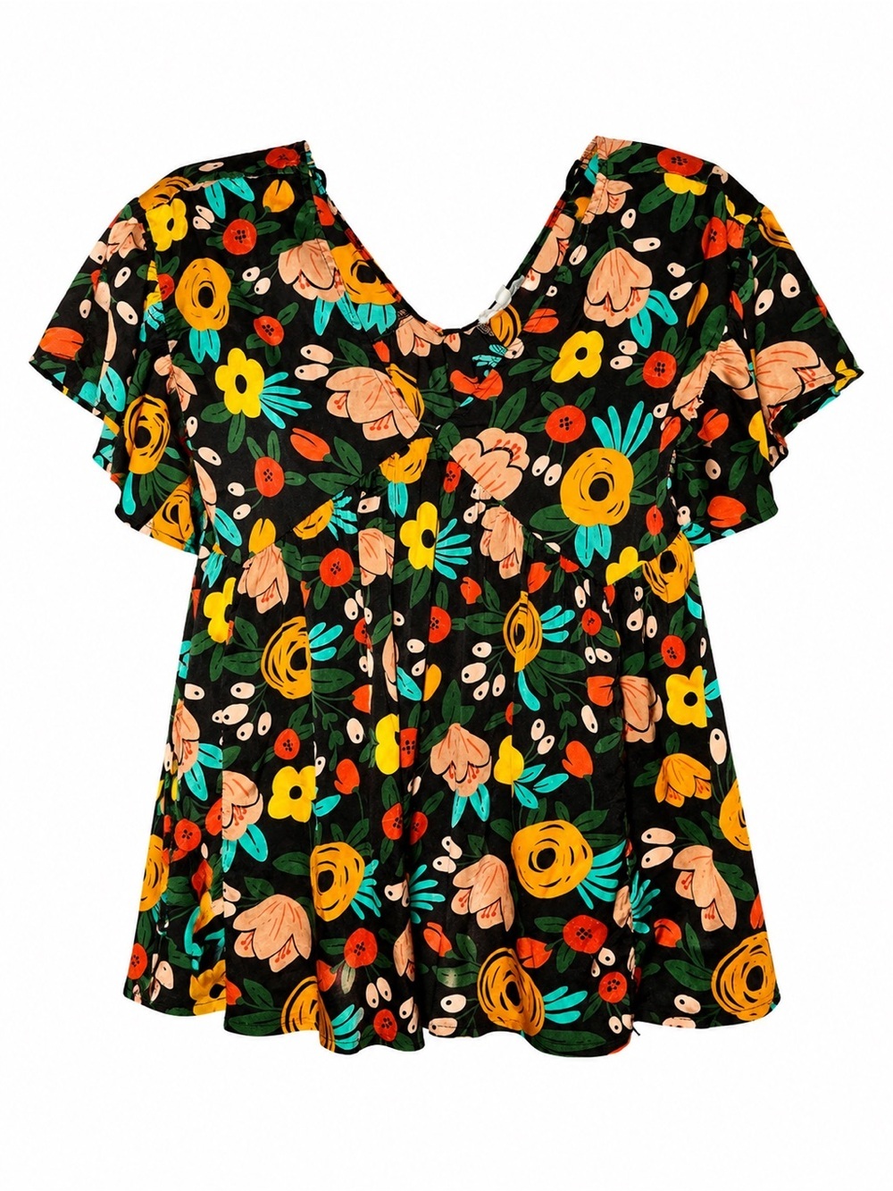 Entro Floral Babydoll Blouse Large Black Multicolor Short Sleeve Boho Top